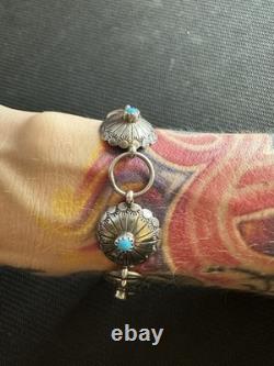 Vintage Handcrafted Native American Navajo Turquoise Concho Style Bracelet, 8in