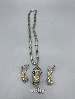 Vintage Handmade Navajo Sterling Silver Necklace And Earring Set