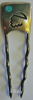 Vintage Hopi Indian Silver Inlaid Turquoise Hair Stick Ornament
