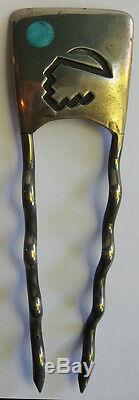 Vintage Hopi Indian Silver Inlaid Turquoise Hair Stick Ornament