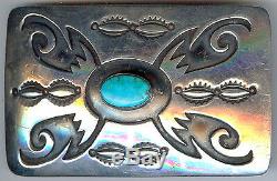 Vintage Hopi Indian Stamped Cut Out Designs Sterling Turquoise Belt Buckle