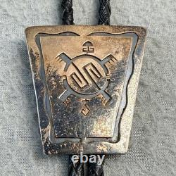 Vintage Hopi Sterling Silver Overlay Turtle Bolo Tie Braided Black Leather Tie
