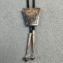 Vintage Hopi Sterling Silver Overlay Turtle Bolo Tie Braided Black Leather Tie