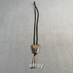 Vintage Hopi Sterling Silver Overlay Turtle Bolo Tie Braided Black Leather Tie