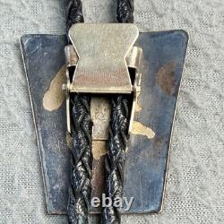 Vintage Hopi Sterling Silver Overlay Turtle Bolo Tie Braided Black Leather Tie