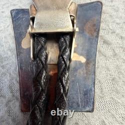 Vintage Hopi Sterling Silver Overlay Turtle Bolo Tie Braided Black Leather Tie