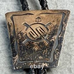 Vintage Hopi Sterling Silver Overlay Turtle Bolo Tie Braided Black Leather Tie