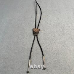 Vintage Hopi Sterling Silver Overlay Turtle Bolo Tie Braided Black Leather Tie