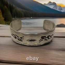 Vintage Hopi Sterling Silver Roadrunner Overlay Cuff Bracelet 37.9g Size 7.75