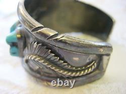 Vintage Huge Heavy Navajo Sterling Silver Kingman Turquoise Row Cuff Bracelet