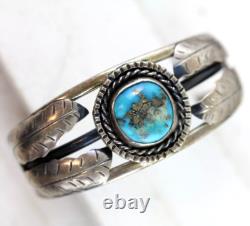 Vintage Indian Native Am Turquoise Leaf Sterling Silver 925 5.5 Cuff Bracelet