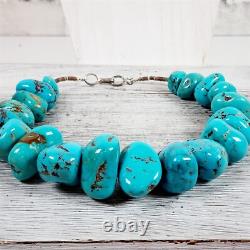 Vintage Indian Native American Sterling Silver Turquoise Necklace Big Bead 16.5