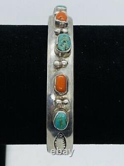 Vintage J. CADMAN Navajo Sterling Cuff with Turquoise & Red Coral Cabochons