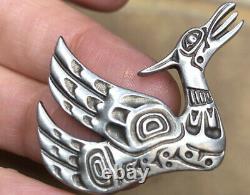 Vintage Jewellery Beautiful Native American bird Pewter brooch signed Wade Baker