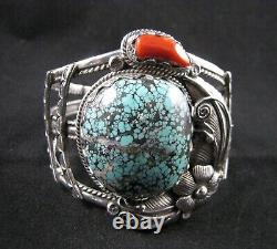 Vintage John Martinez Navajo Sterling Silver, Turquoise & Coral Cuff Bracelet