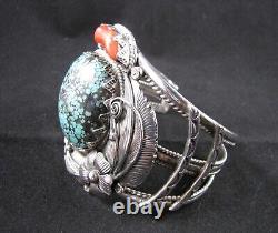 Vintage John Martinez Navajo Sterling Silver, Turquoise & Coral Cuff Bracelet