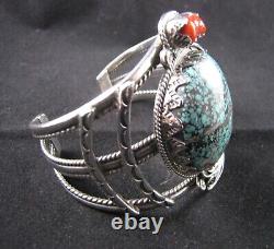 Vintage John Martinez Navajo Sterling Silver, Turquoise & Coral Cuff Bracelet