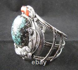 Vintage John Martinez Navajo Sterling Silver, Turquoise & Coral Cuff Bracelet