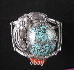 Vintage John Martinez Navajo Sterling Silver, Turquoise & Coral Cuff Bracelet