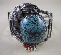 Vintage John Martinez Navajo Sterling Silver, Turquoise & Coral Cuff Bracelet