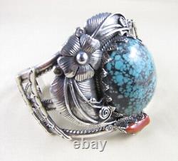 Vintage John Martinez Navajo Sterling Silver, Turquoise & Coral Cuff Bracelet