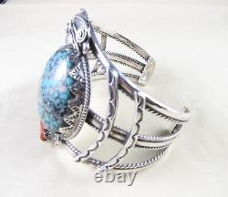 Vintage John Martinez Navajo Sterling Silver, Turquoise & Coral Cuff Bracelet