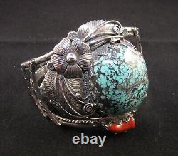 Vintage John Martinez Navajo Sterling Silver, Turquoise & Coral Cuff Bracelet