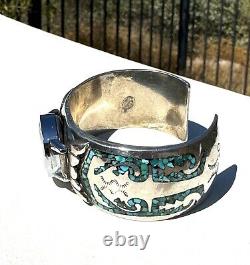Vintage, LARGE Heavy Sterling Watch Cuff Navajo, withTurquoise Chip Mosaic Inlay