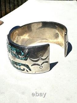 Vintage, LARGE Heavy Sterling Watch Cuff Navajo, withTurquoise Chip Mosaic Inlay