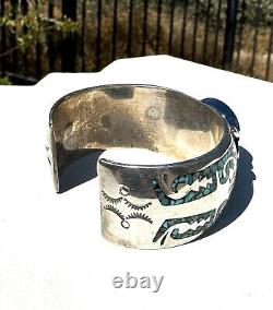 Vintage, LARGE Heavy Sterling Watch Cuff Navajo, withTurquoise Chip Mosaic Inlay