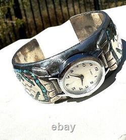 Vintage, LARGE Heavy Sterling Watch Cuff Navajo, withTurquoise Chip Mosaic Inlay