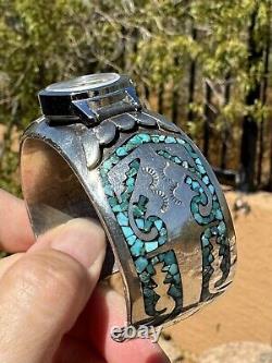 Vintage, LARGE Heavy Sterling Watch Cuff Navajo, withTurquoise Chip Mosaic Inlay