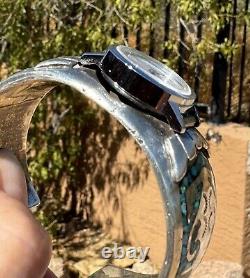 Vintage, LARGE Heavy Sterling Watch Cuff Navajo, withTurquoise Chip Mosaic Inlay