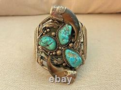 Vintage LB NAVAJO STERLING SILVER Cuff Bracelet TURQUOISE STONES Claws Ornate