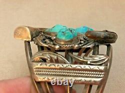 Vintage LB NAVAJO STERLING SILVER Cuff Bracelet TURQUOISE STONES Claws Ornate