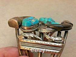 Vintage LB NAVAJO STERLING SILVER Cuff Bracelet TURQUOISE STONES Claws Ornate