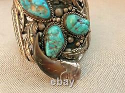 Vintage LB NAVAJO STERLING SILVER Cuff Bracelet TURQUOISE STONES Claws Ornate