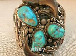 Vintage LB NAVAJO STERLING SILVER Cuff Bracelet TURQUOISE STONES Claws Ornate