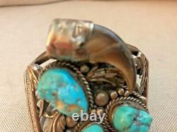 Vintage LB NAVAJO STERLING SILVER Cuff Bracelet TURQUOISE STONES Claws Ornate