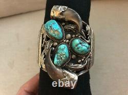 Vintage LB NAVAJO STERLING SILVER Cuff Bracelet TURQUOISE STONES Claws Ornate