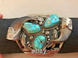 Vintage LB NAVAJO STERLING SILVER Cuff Bracelet TURQUOISE STONES Claws Ornate