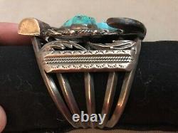 Vintage LB NAVAJO STERLING SILVER Cuff Bracelet TURQUOISE STONES Claws Ornate