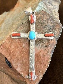 Vintage Large Native American Sterling Silver Turquoise Coral Pendant Handmade