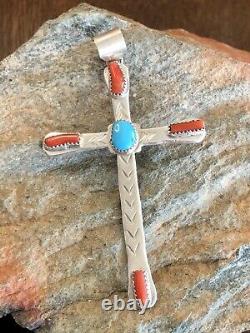 Vintage Large Native American Sterling Silver Turquoise Coral Pendant Handmade