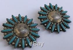Vintage Large Zuni Needlepoint Turquoise Sterling Silver Clip Flower Earrings