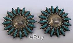 Vintage Large Zuni Needlepoint Turquoise Sterling Silver Clip Flower Earrings