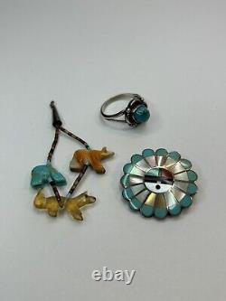 Vintage Lot Sterling Native American Jewelry Fetish Animals Sunface Turquoise