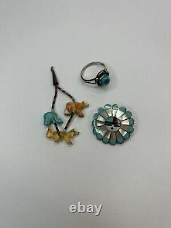 Vintage Lot Sterling Native American Jewelry Fetish Animals Sunface Turquoise