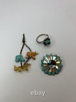 Vintage Lot Sterling Native American Jewelry Fetish Animals Sunface Turquoise