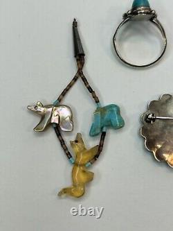 Vintage Lot Sterling Native American Jewelry Fetish Animals Sunface Turquoise